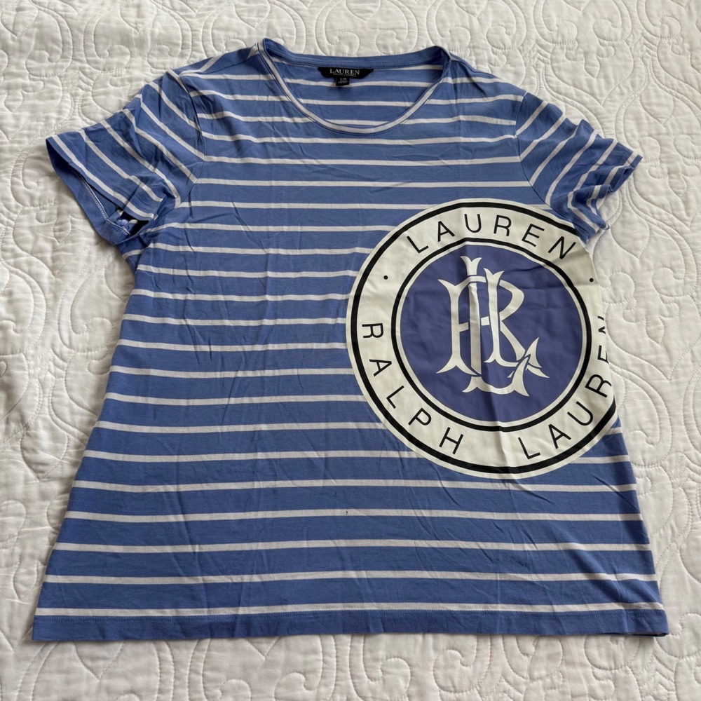 Lauren Ralph Lauren Womens Large Blue White Striped Logo Crest Graphic T-Shirt